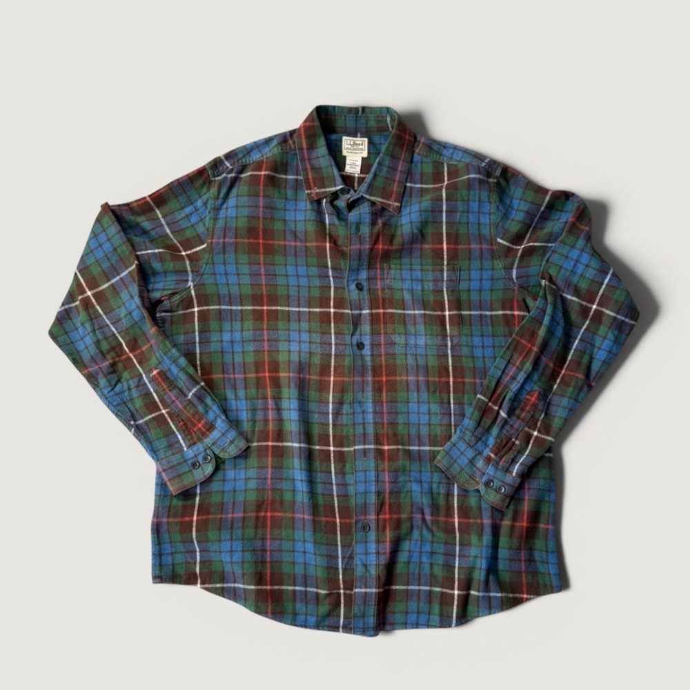 LL Bean Mens Large Plaid Flannel Shirt Blue Red Traditional Fit Cotton 228061